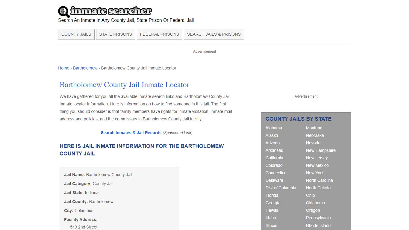 Bartholomew County Jail Inmate Locator - Inmate Searcher